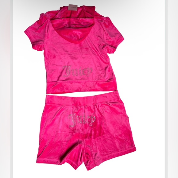 JUICY COUTURE OG BLING RHINESTONE VELOUR VIXEN PINK SHORT-SLEEVE & SHORT SET NWT - Picture 2 of 16